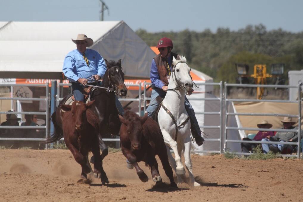 Brothers Evan and Graeme Acton competing in the three-man bosses draft at the 2012 R.M.Williams Outback Muster.