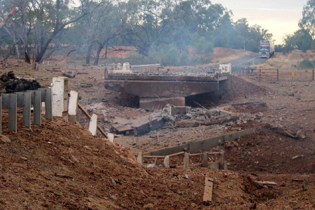 The bridge on the Mitchell Highway south of Charleville was destroyed in the 53-tonne blast. Photo: Queensland Police.