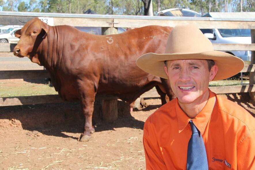 Rick Greenup, Greenup Eidsvold Station with the $12,000 top priced bull at the 2014 sale which was purchased by Scott Dunlop, Dunlop Santa stud.