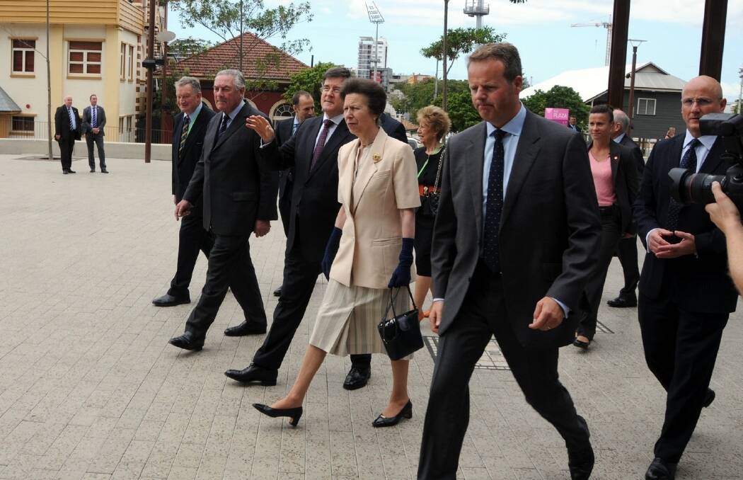 Greeted by RNA president David Thomas, HRH The Princess Royal steps out on the Brisbane Showgrounds to attend the 26th RASC conference.