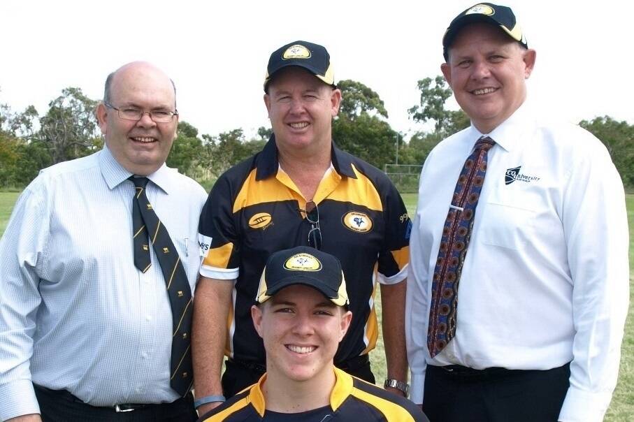 CQ Rugby Union president Ian Coombe, CQ Rugby Union director of rugby, Steve Anderson and CQUniversity vice-chancellor Professor Scott Bowman. Front: Under-19 Brahmans player Lachlan Howell.