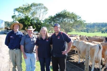 SEQWaters project definition officer Tim Odgers and Maroochy FarmFlow Program extension officer Dave Clark with Catherine and Ray DeVere, River Ridge Dairies, Kureelpa.