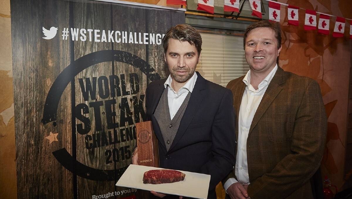 Frank Albers of Albers Foods and Patrick Warmoll, managing director of Warmoll Foods/Jacks Creek, at the World Steak Challenge in London in 2019.