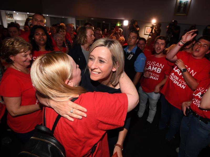 Labor's candidate for Longman Susan Lamb celebrates her by-election victory.