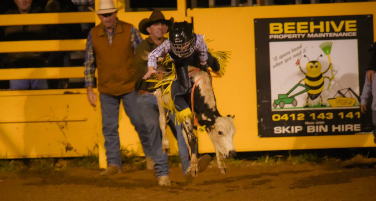 FUTURE BULL RIDER: Angus Crawford during the biggest ride of his short life. Photos - Kelly Butterworth.