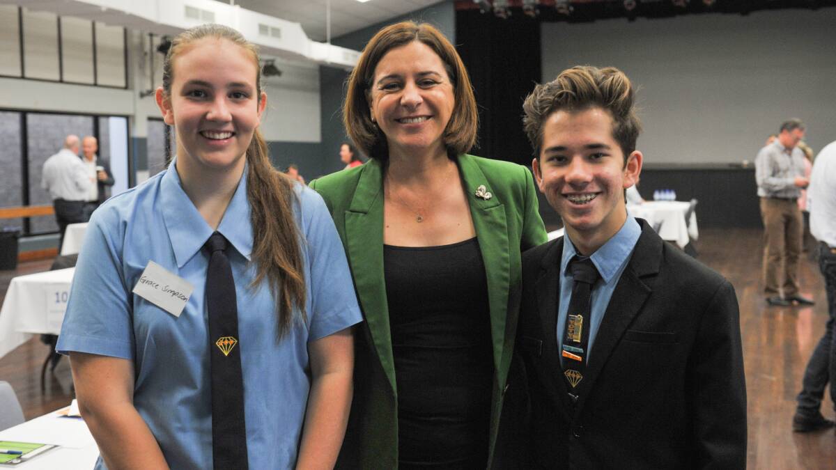 Emerald Christian College vice captains Grace Simpson and Jonathan Wallen with Deputy Leader of the Opposition Deb Frecklington in Emerald this morning. 