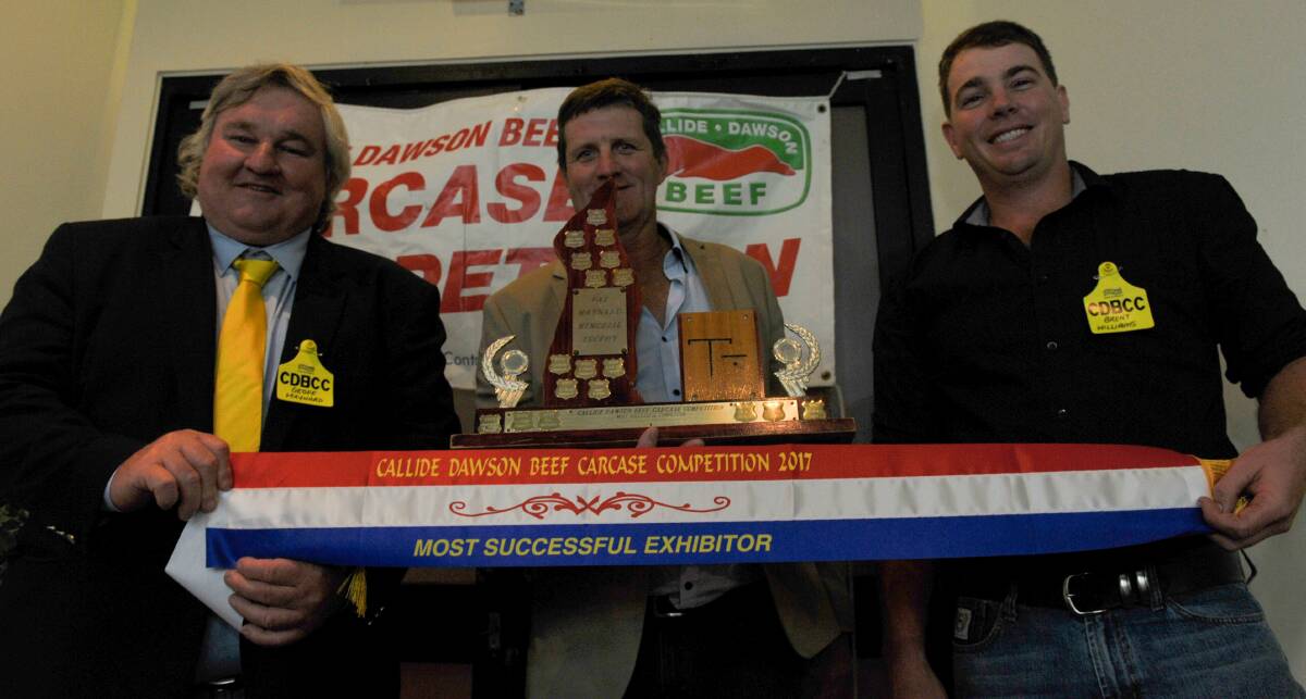 MOST SUCCESSFUL EXHIBITOR: Kerry Sainsbury (middle) with sponsors Geoff Maynard (left) and Brent Williams (right). 
