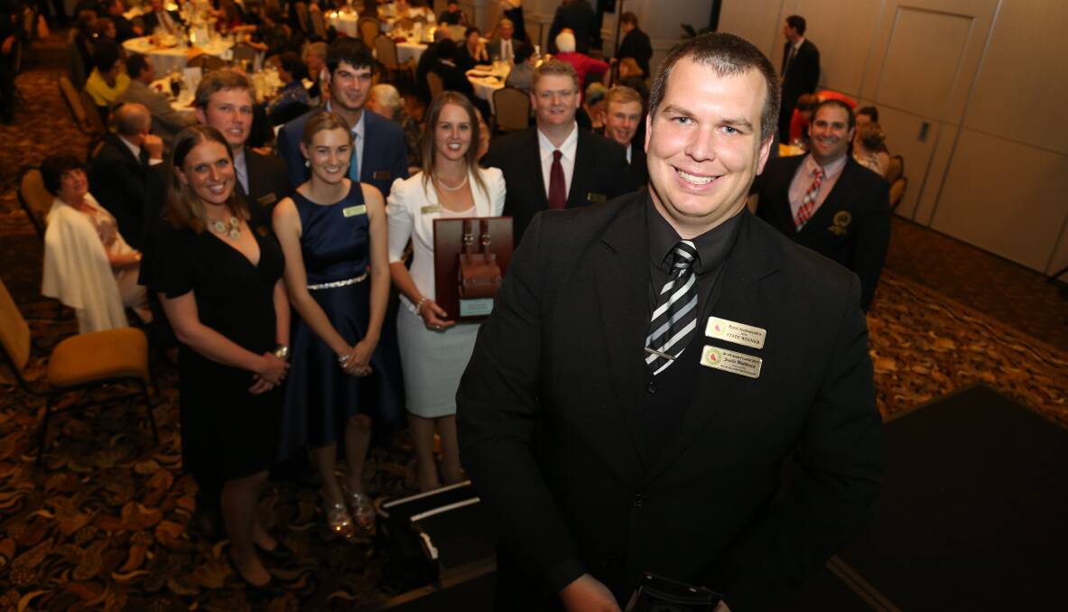 RURAL AMBASSADOR: 2016's Marsh Queensland Rural Ambassador Justin Matthews stands in front of his fellow competitors at the awards dinner on Saturday night. 