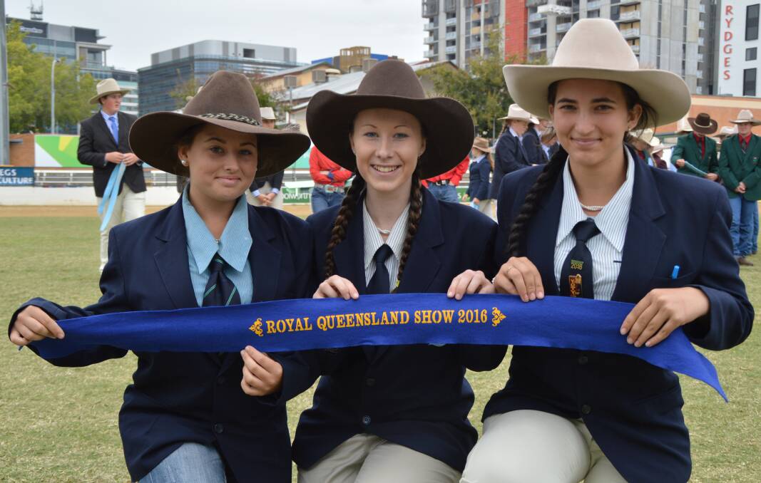 Next big things: Tia Killen, Paris Stark, and Demi Radosevic, Riverside Christian College, Maryborough, were proud to receive first place in the interschool steer judging competition.