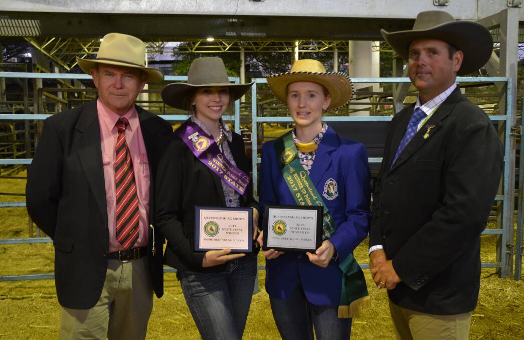 Girl power: Nanci Wilson, Monto, and Candice Rideout, Biloela, took home the QCAS young judge champion and runner-up awards respectively. They are pictured with Blake Munro, Elders, Toowoomba, and over judge Damien Gould, JBS. 