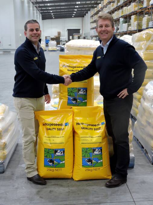 HAND OVER: Wayne Crofts (right), Heritage Seeds, with the company's newly appointed managing director, Toby Brown.