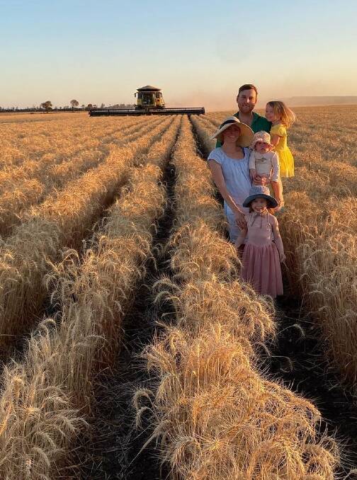 Simon and Monique Currant and their three daughters Ava, Sophia and Georgia on the ASP certified Rolleston wheat farm.