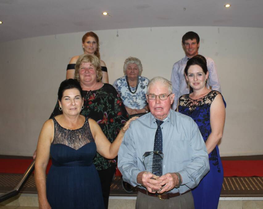 Hall of Fame: The Prow family had plenty to celebrate on Saturday night when Charlie Prow was inducted into the inaugural Country Racing Hall of fame. From back left is Jaimie-Lee Prow, Gail Prow, Brady Prow, Helen Richardson, Megan Richardson, Maree Prow and Charlie Prow. Picture Helen Walker 