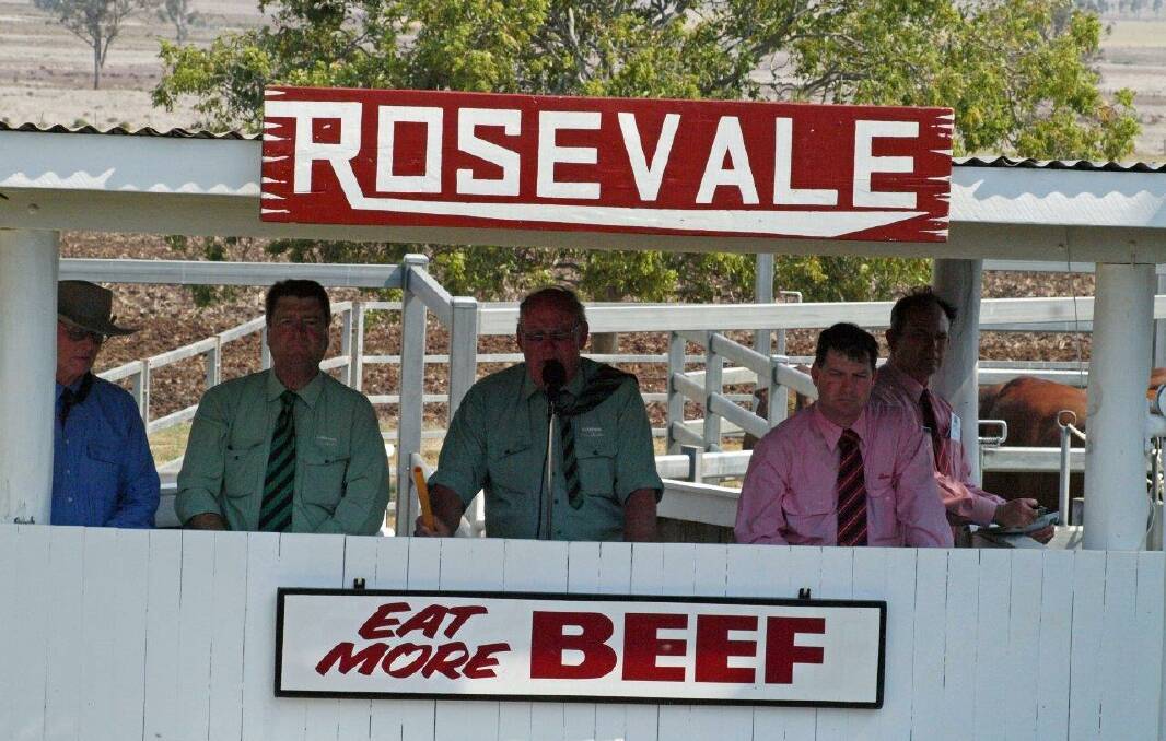 Grahame Greenup, Peter Brazier, Garth Hughes, Michael Smith and Blake Munro. Mr Hughes was selling at the 55th Rosevale bull sale. Picture courtesy of the Greenup family, Rosevale Santa Gertrudis stud, Jandowae.