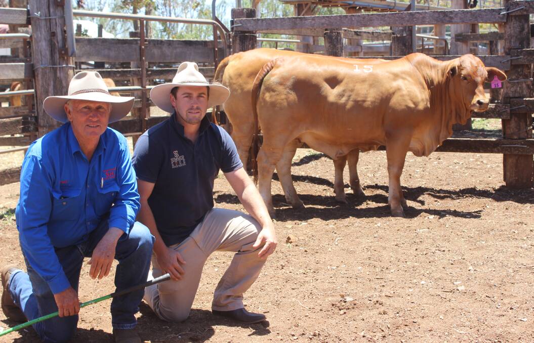 Vendor, Brian Heck with buyer Dan Sommer with the top priced female Bryvonlea Princess Beatrice (P) who sold for $6750. Picture Helen Walker.