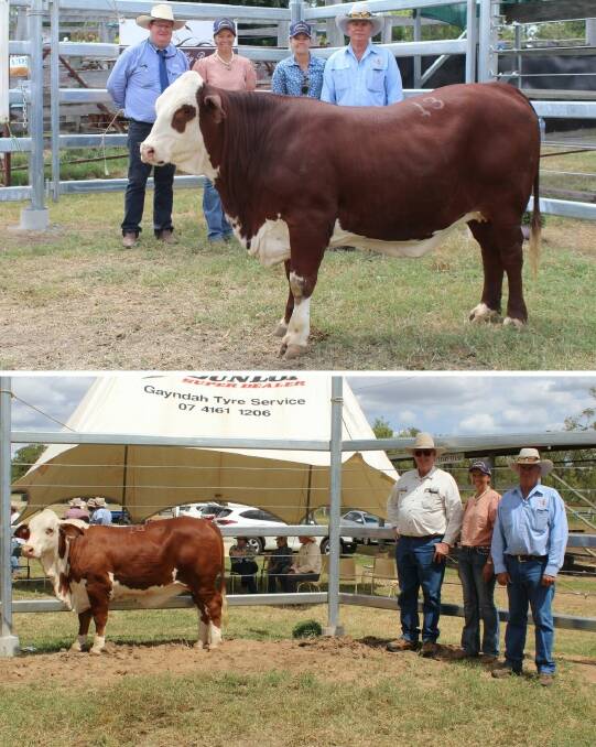 Mark Duthie and Donna, Bec and Russell Kenny with the $8000 Harriett Valley Victoria (top) and Larry Acton with Donna and Russell Kenny and the top commercial heifer.