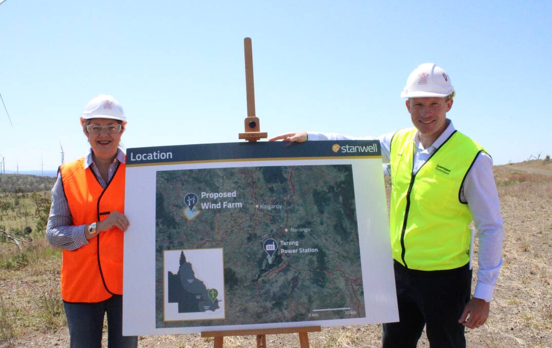 Premier and Minister for the Olympics Annastacia Palaszczuk with Minister for Energy, Renewables and Hydrogen and Minister for Public Works and Procurement Mick de Brenni at the Cooper's Gap wind farm near Bell. 