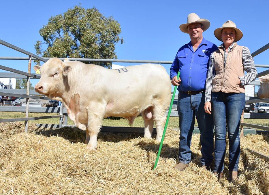 Vendors of the top priced bull Ian and Katrina Bebbington, Mountview Charolais, Cambooya with Mountview Notorious N42E (P) who sold for $12,000. Picture - Sheree Kershaw.