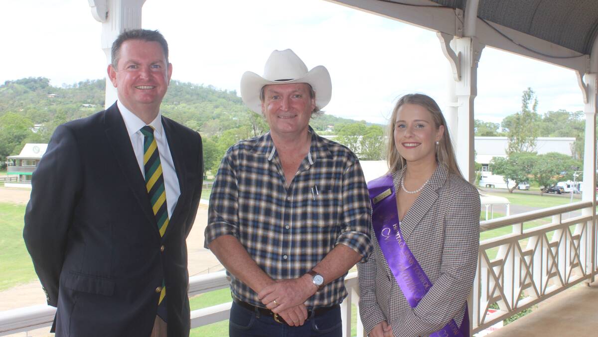 Cancelled: Royal Agricultural Society of Queensland chairman Shane Charles, Toowoomba, bush poet Garry Fogerty, and the Miss Toowoomba Showgirl 2020 Keely Berther at the media launch last Wednesday. Picture: Helen Walker