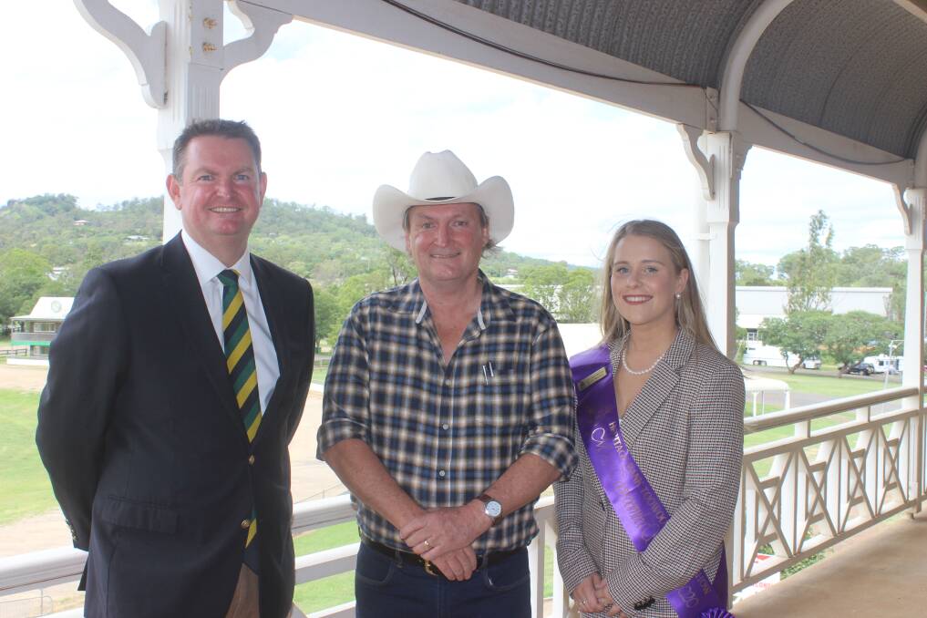 Cancelled: Chairman of the Royal Agricultural Society of Queensland, Shane Charles, Toowoomba, bush poet Garry Fogerty, and the Miss Toowoomba Showgirl 2020 Keely Berther at the media launch last Wednesday. Picture: Helen Walker