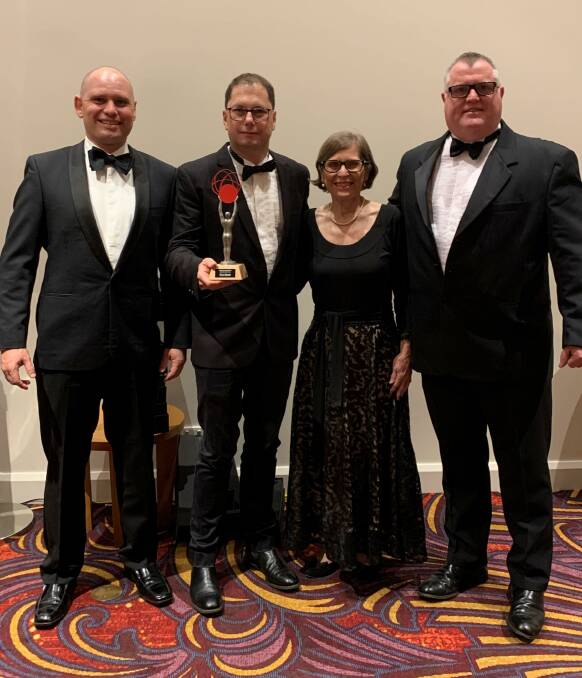 Mort & Co's Marcus Doumany, Brett Williams and Stephen O'Brien with Gerry Doumany at the 2020 Toowoomba Business Excellence Awards after Mort & Co claimed the Gerry Doumany Export Award. 