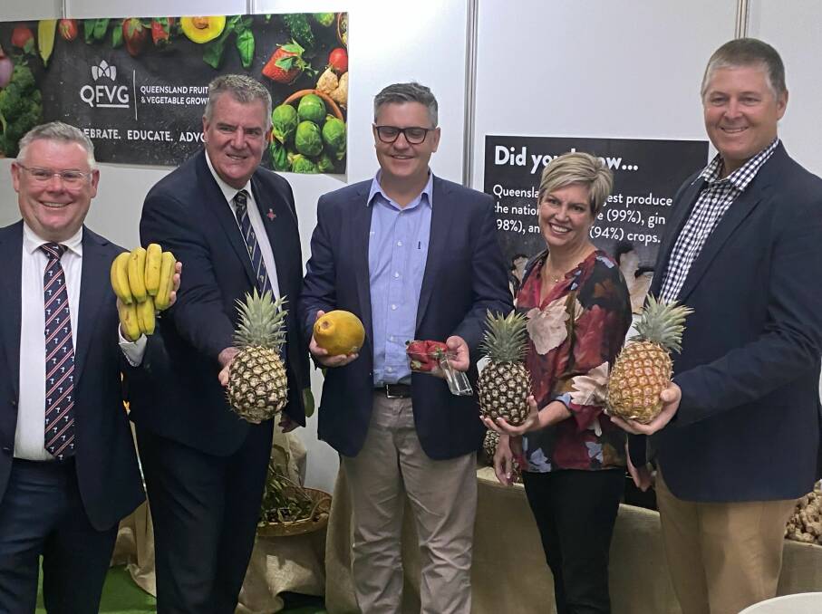 Queensland 's Agricuture Minister Mark Furner with his federal counterpart Murray Wyatt, Hort innovation CEO Brett Fifield, Hort Innovation Chair Julie Bird and
Gavin Scurr from Pinata Farms. Picture supplied.