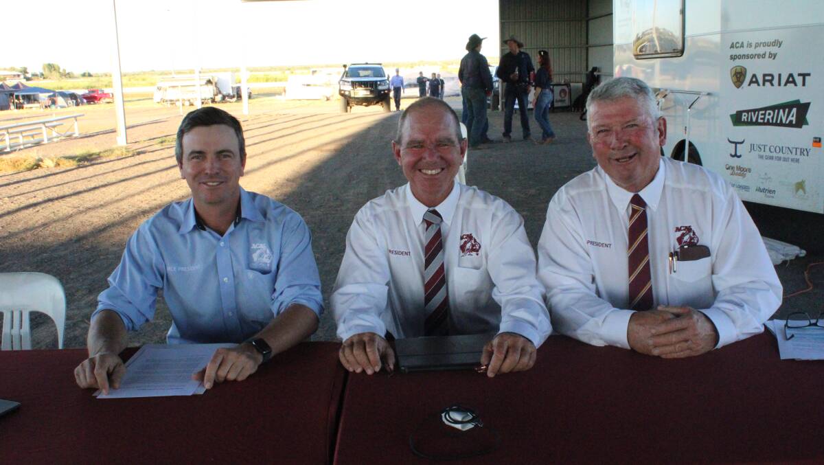 The Australian Campdrafting Association's president Rohan Marks (centre) with vice presidents Sean Dillon and Peter Petty. Pictures Helen Walker.