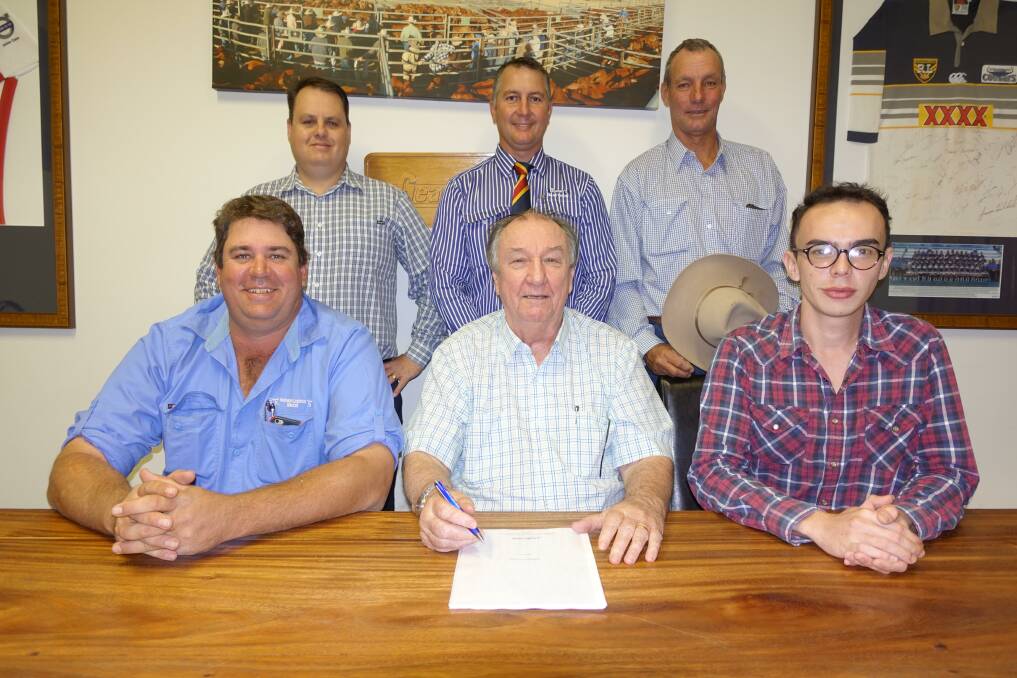 Caption
Solicitor Greg Finlay, Mobbs & Marr Legal, sale property agent Matthew Geaney, Geaney Real Estate & Livestock, and the vendors property manager Russell Toohey in the back while in the front purchaser Shane Stretton, and vendors Don and Shawn Lang.