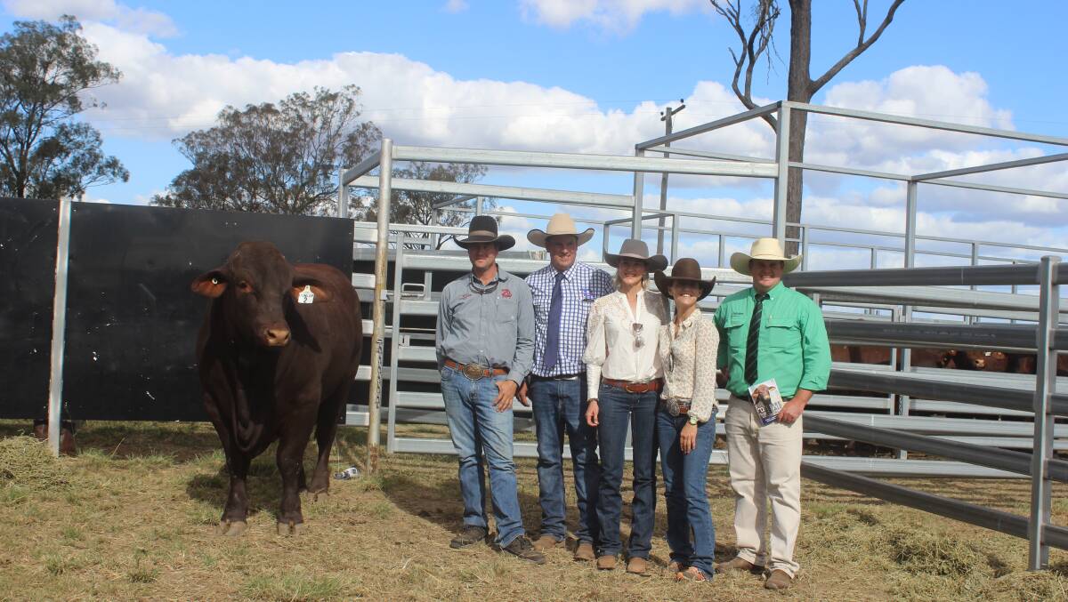 Sale topper: Dunlop Vortex R56 sold for $57,500 and is pictured with Ken Knudsen, Scott and Rebecca Dunlop, Jackie Knudsen and Nutrien auctioneer Trent McKinlay. Picture: Helen Walker. 