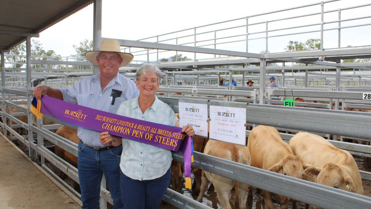 Champion pen: Alan and Sue Fowler, Coalstoun Lakes took home the championship honours at the Biggenden All Breeds Steer Show and Sale with a pen of Charbray Santa Gertrudis cross steers.