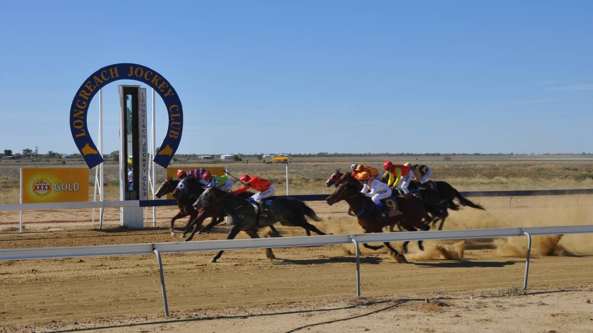Barnstorming finish: Kakakenny (on the outside) trained by Rodney Little, came hard to hold victory over Drinking Cocktails while Tyranny ran third in the Battle Of The Bush Qualifier Open Plate over 1100 metres last Saturday at Longreach Races. Picture: Helen Morton