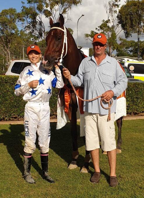 Bush Champion: Fab's Cowboy with jockey Minonette Kennedy and owner Paul Currin after his win at the Gladstone Turf Club. Picture: Sharon Thomsen.