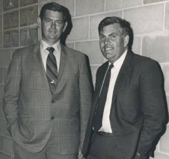 Visionary cattleman Ken Coombe, pictured right, with Bubba Hudgins from JD Hudgins, USA, during the opening of Brahman House in Rockhampton in 1981.