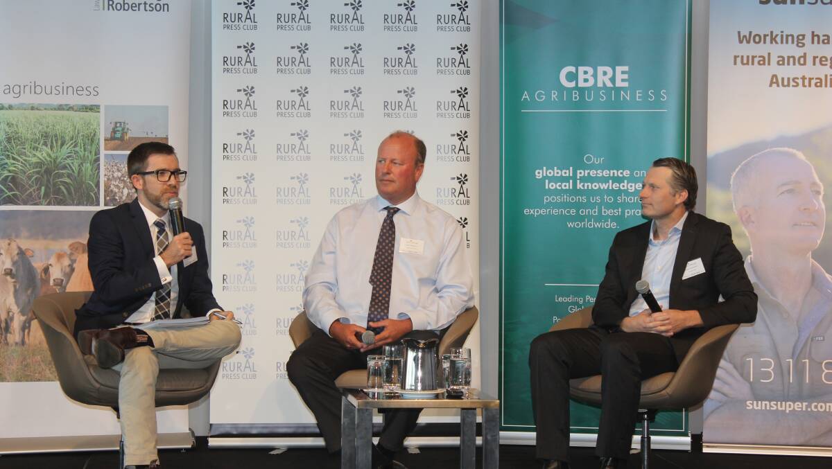 Craig Zonca ABC radio leads the discussion panel at the lunch with David McNamee, Lemontree Feedlot, Millmerran and Rowan McMonnies, managing director Australian Eggs, Sydney, NSW. 
