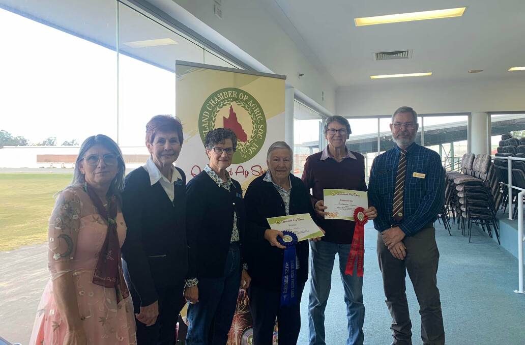 Champion rich dark fruit award: Susan Hill-Marsh, Qld Ag Shows, associate judge Anne Hadlow, CWA judge Lilah Fosse, winner Sandra Wyatt, runner up Katherine Raymont and Trevor Beckingham General Manager Qld Ag Shows. Picture supplied.