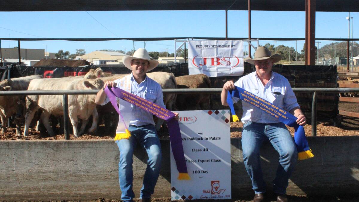 Palgrove Pastoral Company's Ben Noller and Chris Walker with the winning pen of six (100 Day HGP Free) with their Charolais pen with an ADG 2.557kg, for the fourth year in a row.
