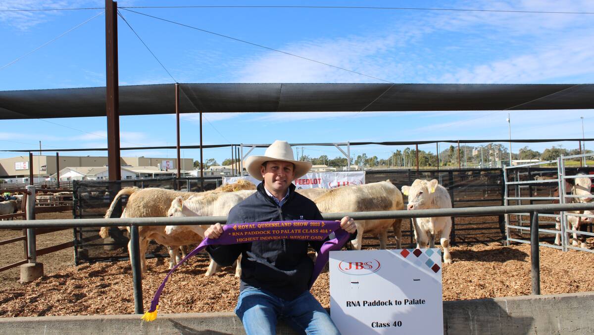 Business Development and Genetics manager at Palgrove, Ben Noller with the winning pen of 6 Charolais and Charolais cross steers, who recorded an average daily weight gain of 2.46kg/day, to win the 100 day HGP free export class. PIcture Helen Walker