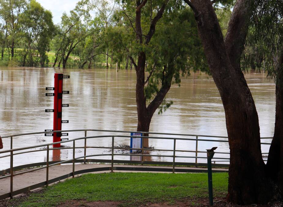 The flood height pole in the Balonne River, St George, on Tuesday. The river is expected to peak at 12.5m on Thursday. Picture: Outback Media and Marketing