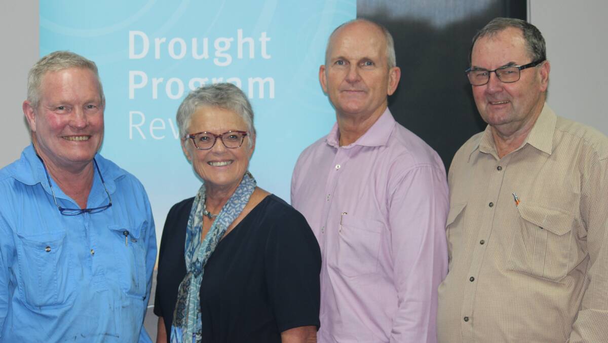 Jimbour grain and cotton farmer, Jamie Grant, Jimbour, with independent drought review coordinators,  Ruth Wade and Charles Burke, and grain grower, Lyn Brazil, Brookstead. 