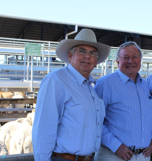 The late Russell Collins with beef producer Robbie Martin at the Gracemere Saleyards. 
Picture: Helen Walker 