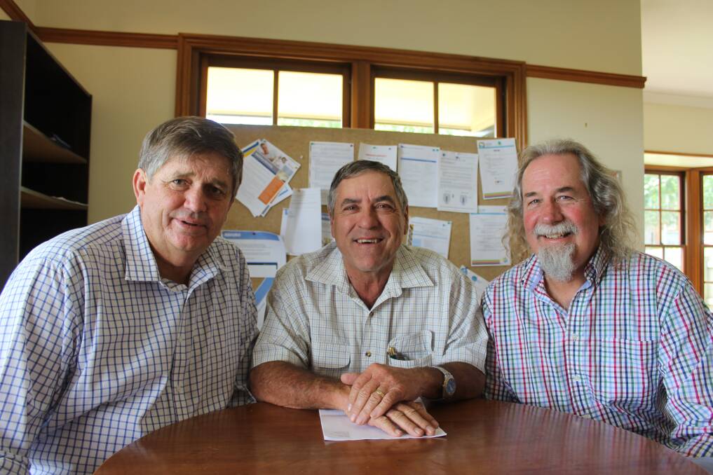 Multi-peril reality: Farmers First: Rodney Hamilton, Rowell Walton and well-known grain trader and former AWB state manager, John Francis.