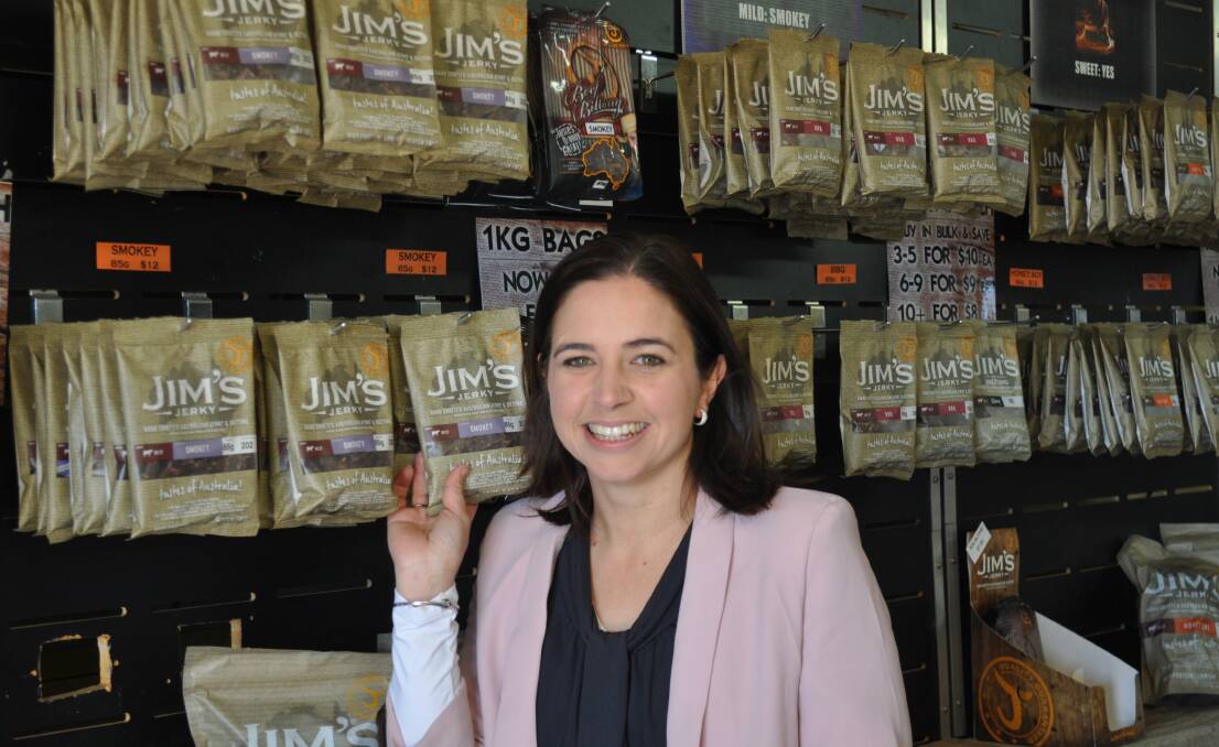 Jim's Jerky CEO Emily Pullen pictured with product in its store. The company has now changed its business model to sell online from a website. Picture - supplied.