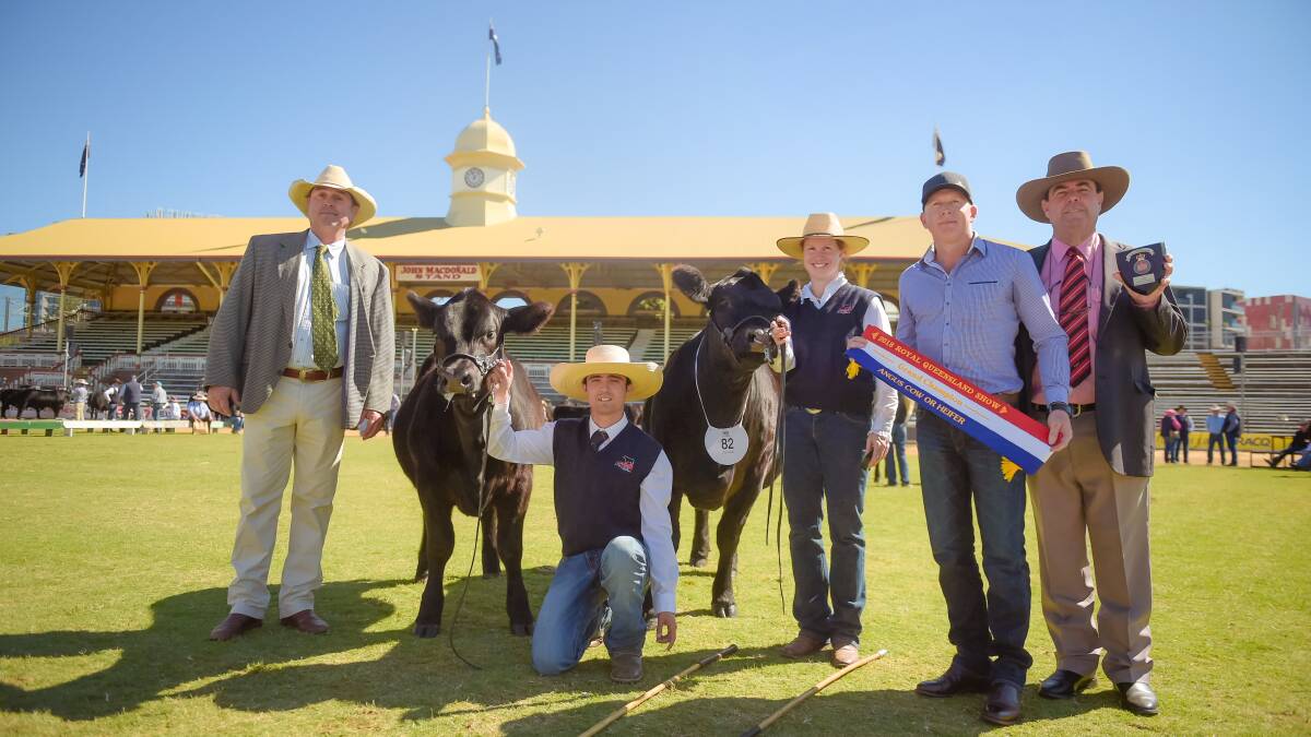 Grand champion Angus female was Mundoo Leah exhibited by Grant and Jo Watts and held by Tahnee Manton, with judge Andrew Mackay, Mark Noonan holds the calf, and Brian Kennedy, Elders. 