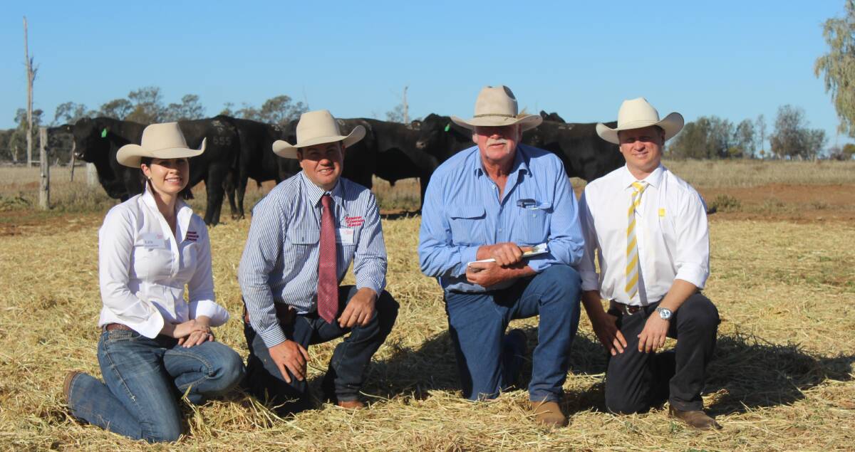 Kate and Justin Boshammer, JK Cattle Company, Condamine, with Chris Kemp, Eungy Pastoral Co, Blackall and David Felsch, Ray White Rural, Dalby, at the Sandon Glenloch sale.