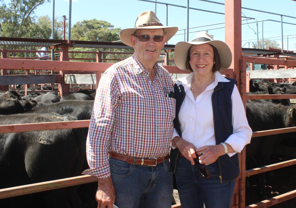 All smiles: Rod and Glenda Reeves, Wyuna, Amosfield, near Stanthorpe with their top pen of Angus steers which sold for 350c/kg. 