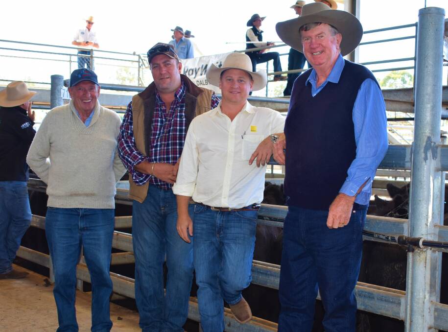 Representing the winners of the grand champion pen, awarded to Fucheng Woodlands Pty Ltd, Woodlands Station, Westmar are Bruce Gunning and Dion Porter, with David Felsch, Ray White Rural, and judge Pat McMahon.