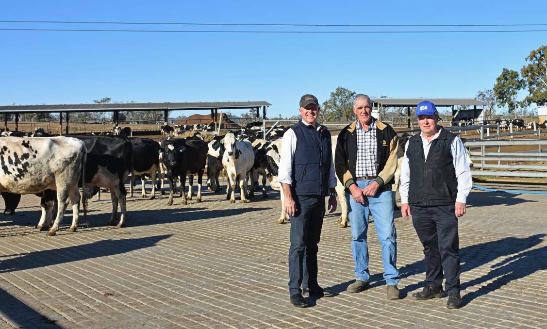 LNP agriculture spokesman Tony Perrett, Westbrook dairy farmer David Janke, and Queensland Dairyfarmers' Organisation president Brian Tessmann.