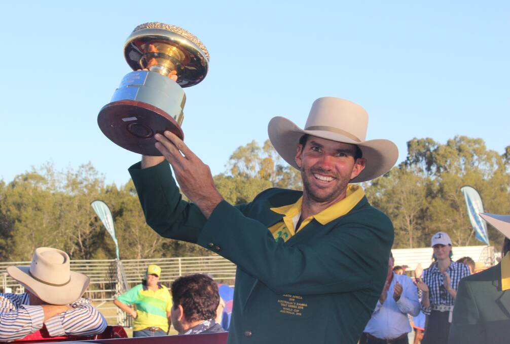 Back on home soil: Australian captain Abbott Grills is presented with the Polocrosse World Cup after claiming it back from South Africa in a championship final of 34 to 21. Picture: Helen Walker 