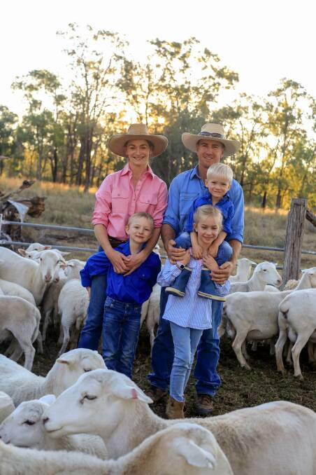 At home on the farm: Sophie and Adrian McInnerney with their boys Dusty, Ned and Banjo. Pictures: Supplied.