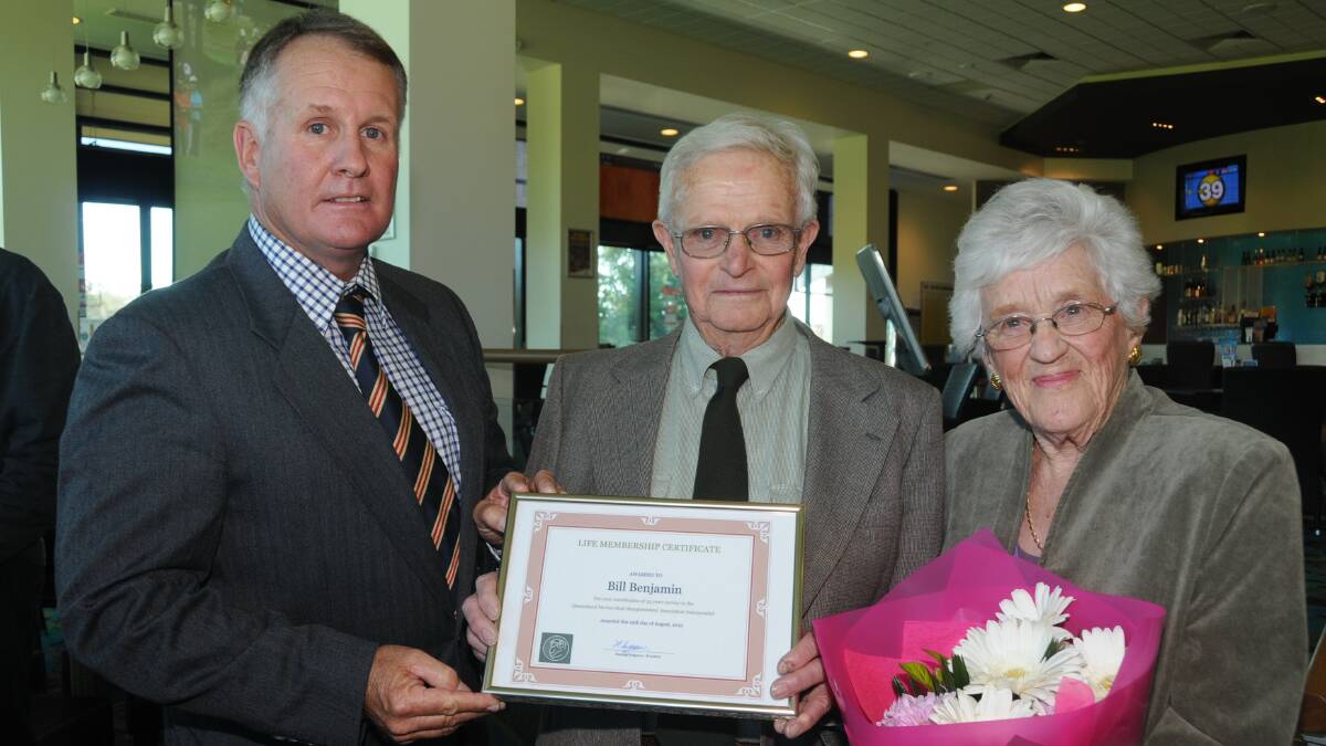 Past president of the Queensland Merino Stud Breeders Association, Duncan Ferguson, Barcaldine Downs, Barcaldine, with Bill Benjamin and his wife Rosemary. Mr Ferguson  presented Mr Benjamin with Life Membership to the QMSSBA in 2014.